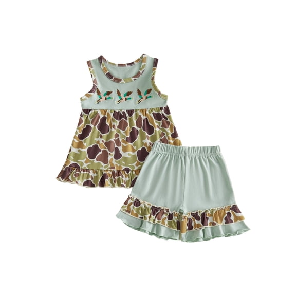 BemeyourBBs 2Pcs Toddler Baby Girl Duck Hunting Outfit Cute Infant Baby Girl Summer Clothes Sleeveless Bird Embroidery Babydoll Shirt Tank Tops Elastic Waist Camouflage Print Shorts Set