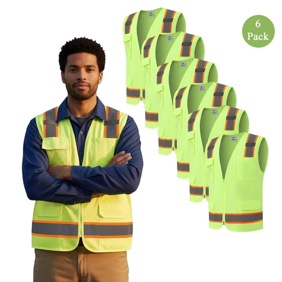 Zfeel High Visibility Safety Vest for Men, 6 Pack Sleeveless Breathable Neon Yellow Vest, S