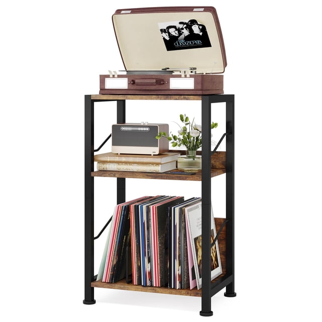 Soporte para tocadiscos Hosfais, 3 niveles, diseño retro, de vinilo, color marrón