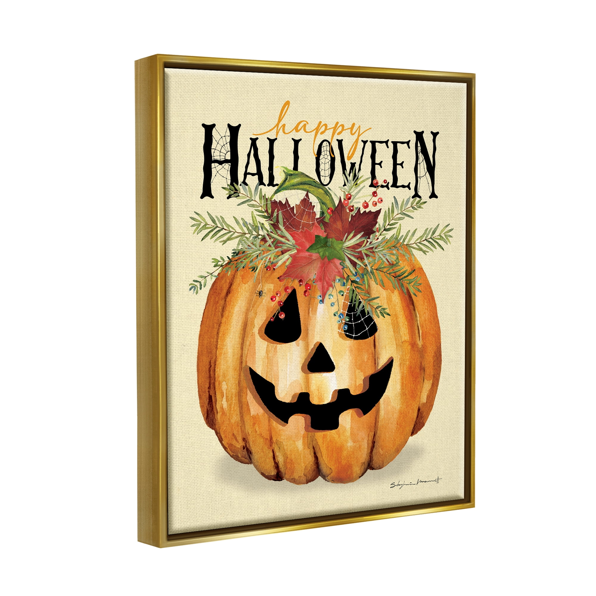 Stupell Industries Happy Halloween Jack-o-Lantern Holiday Painting Gold Floater Framed Art Print Wall Art