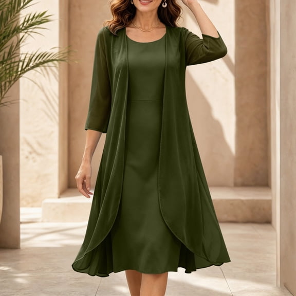 ClodeEU Women's 2 Piece Outfit ,Long Chiffon Cardigan and Sleeveless Crewneck Dress Set,Casual Summer Flowy Dress Army Green,Women's Plus L