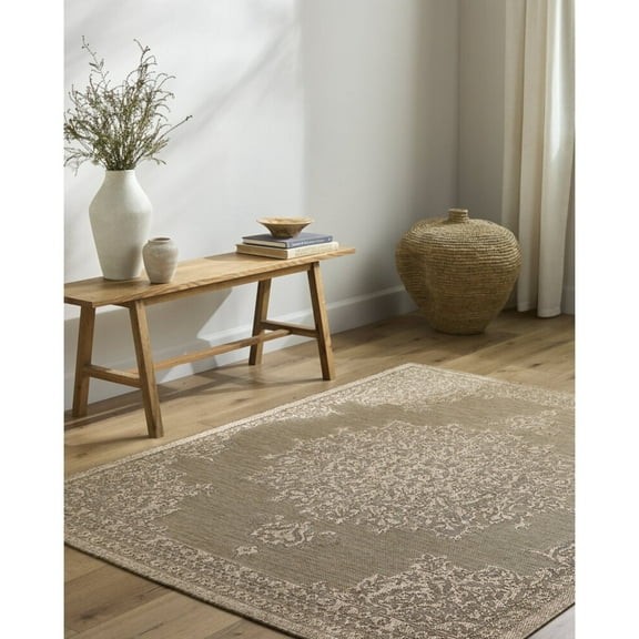 Livabliss Outdoor Rugs, 5x7 Sandra Traditional Beige Area Rug for Patio, Porch, Deck, Backyard, Waterproof Indoor Outdoor Carpet (5'3" x 7')