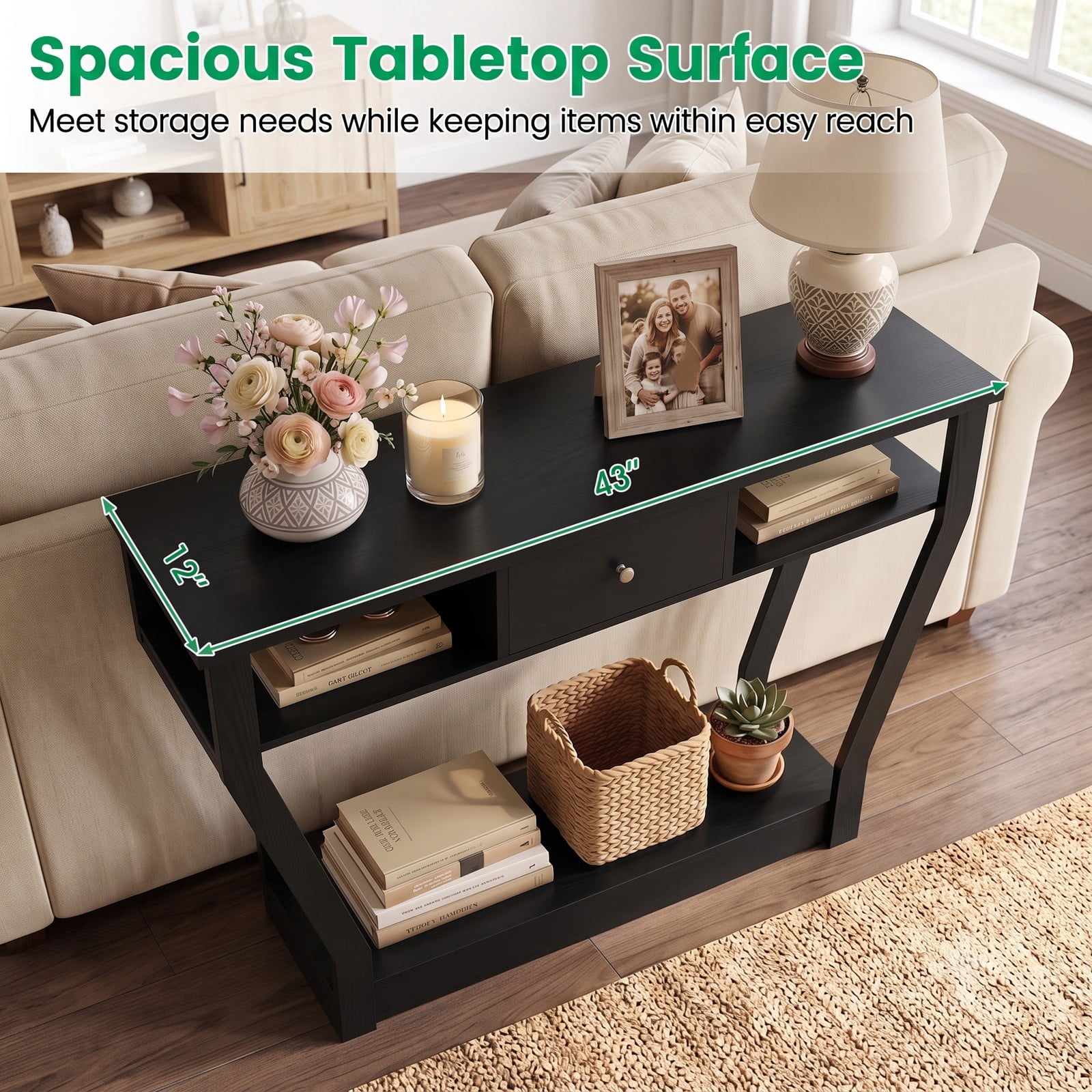 Furnibear Curved Frame Console Table with Storage Drawer and Open Shelves and Angled Legs for Entryway and Hallway, Black