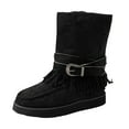 thumbnail image 5 of Rokment Wide Mid Calf Winter Snow Boots for Women Ethnic Boho Fringe Buckles Fringe Fleece Lined Warm Suede Platform Low Heel Fold over Tall Boots Black Size 6, 5 of 6