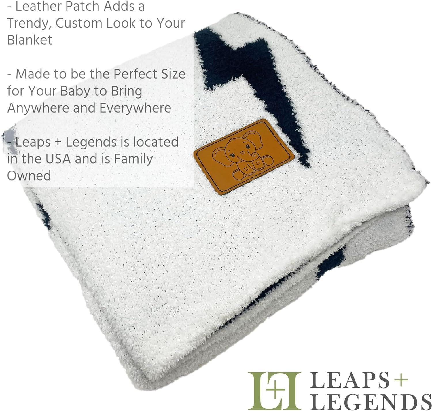 Lightning Bolt Baby Blanket 28"x40" with Leather Patch - Soft Knitted Throw - Receiving Blanket/Newborn Gift Essential for Nursery Black/White