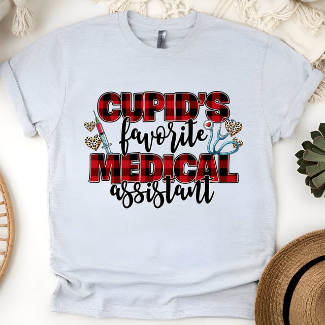 Cupid’s Favorite Medical Assistant Shirt | Plaid Heart MA Tee, Ash, Size 2XL