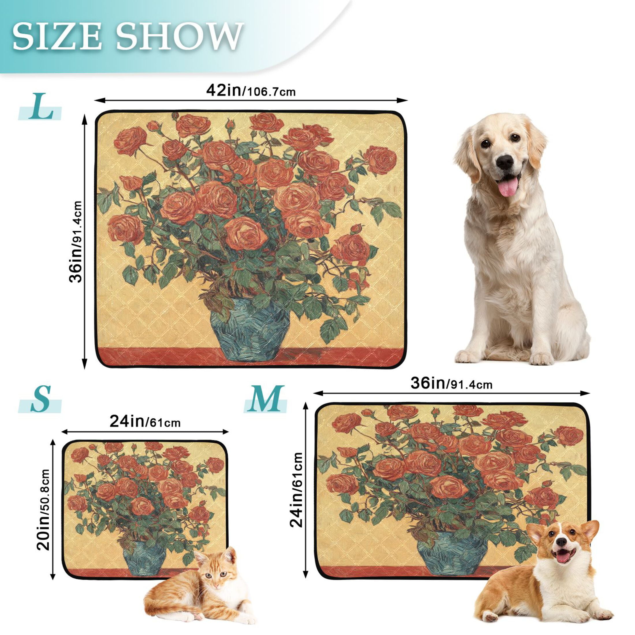 Qxltty Oil Painting Patterns for Red Rose Pots Cat litter Pads Pet Set of 2 Diaper Mats Center Anti-leakage Layer Absorbent Soft and Comfortable