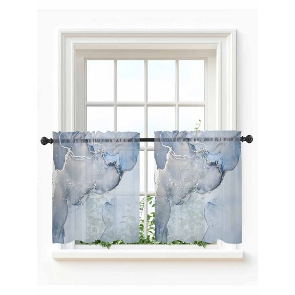 Marble Blue Tier Curtains 36 Inch Length,Sheer Curtains for Bedroom Living Room Window,Modern Abstract Ink Painting Luxury Rod Pocket Voile Drapes Kitchen Curtains for Small Window 27.5"x36" 2 Panels