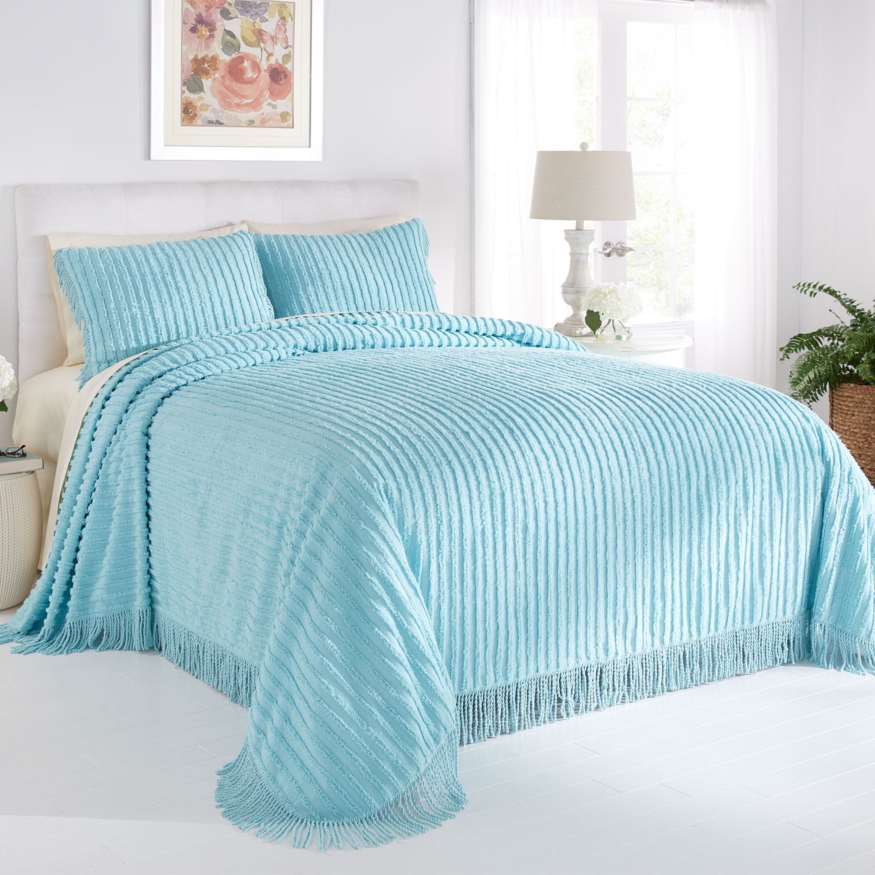 BrylaneHome Chenille Bedspread Queen, Aqua