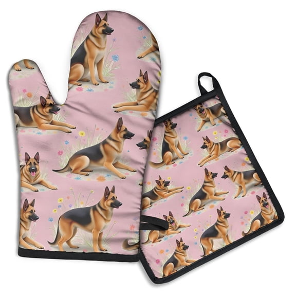 German Shepherd Kitchen Oven Mitt and Pot Holder Sets 2 Pcs for Baking, Cooking and Grilling, Heat Resistant Up To 392 °F