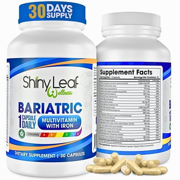 Shiny Leaf Bariatric Multivitamin with Iron - 45 mg for Gastric Bypass, Sleeve Gastrectomy, Roux-en-Y, Duodenal Switch - 22 Vitamins & Minerals, ASMBS Compliant, Vegetarian, Made In USA, GMP, 30 Ct.