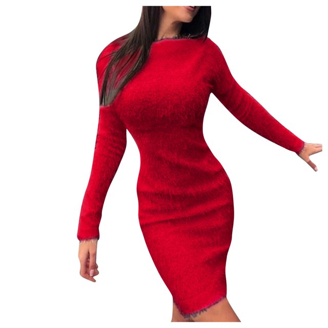 Vestido de punto de cuello alto para mujer, otoño-invierno - Vestido de jersey fino de manga larga, color liso - 94 % algodón, S-XXL, estilo informal/elegante