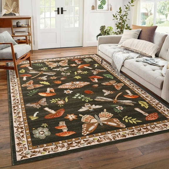 GlowSol 8'x10' Mushroom Print Area Rugs for Living Room Bedroom Washable Insect Floral Soft Thin Throw Rug, Brown
