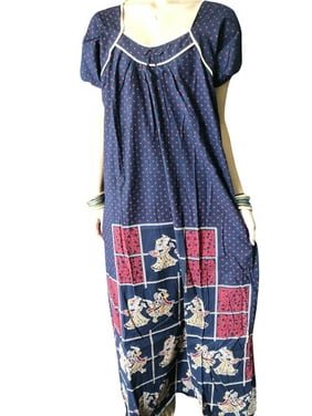 Mogul Women Maxi Dress, Caftan DRess, Nightwear Printed Sleepwear, Short Sleeves,House Dress Holiday Evening Dresses L