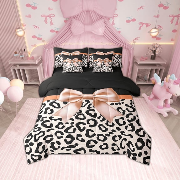 Erosebridal Bowknot Bedding Twin Size, Beige Leopard Print Bed in a Bag Twin size, Reversible 7pcs