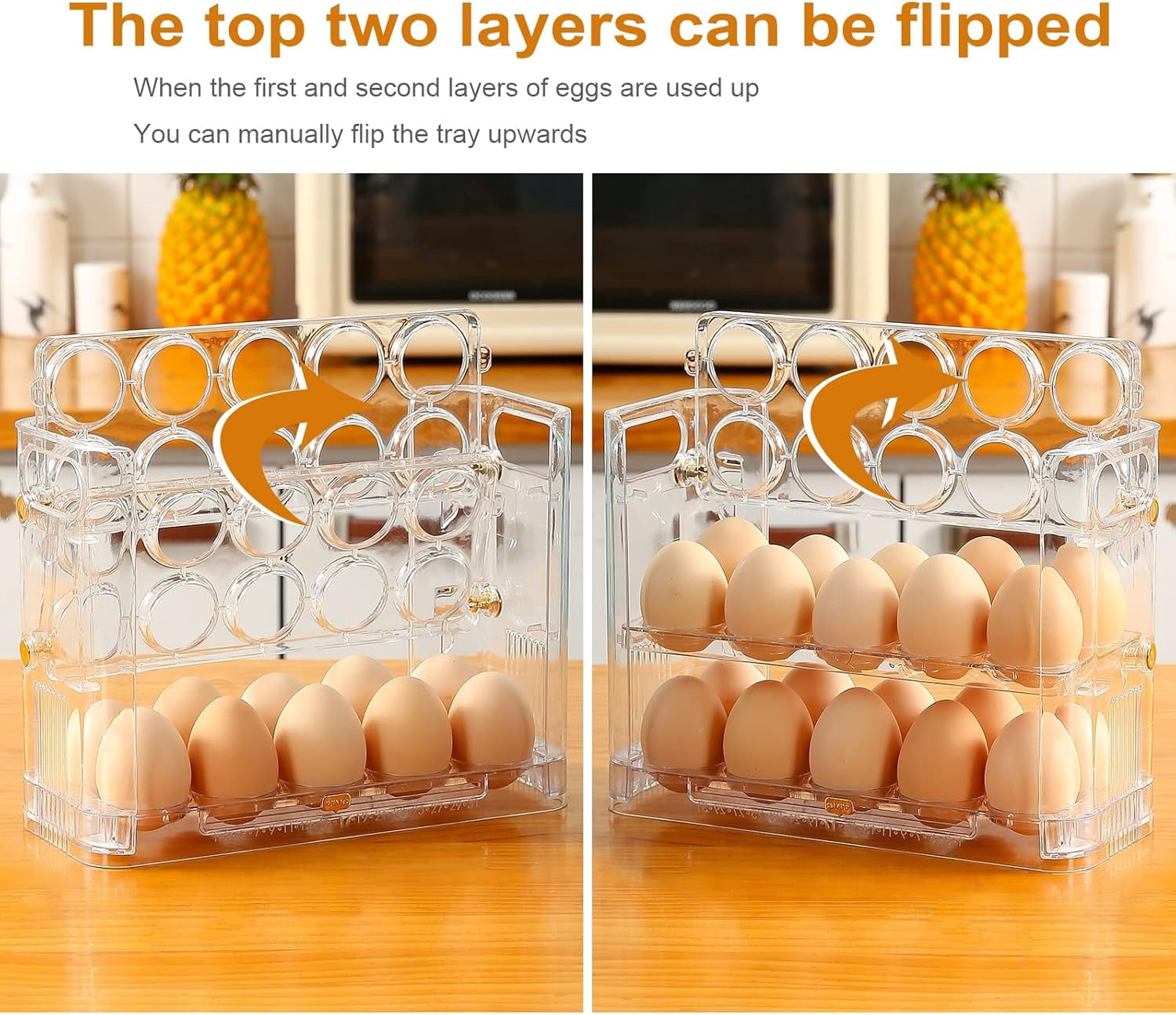 ABPETE Flippable Egg Holder For Refrigerator, Clear Acrylic Egg Storage Container For Refrigerator Side Door, Large Capacity Organizer-30 Count Capacity