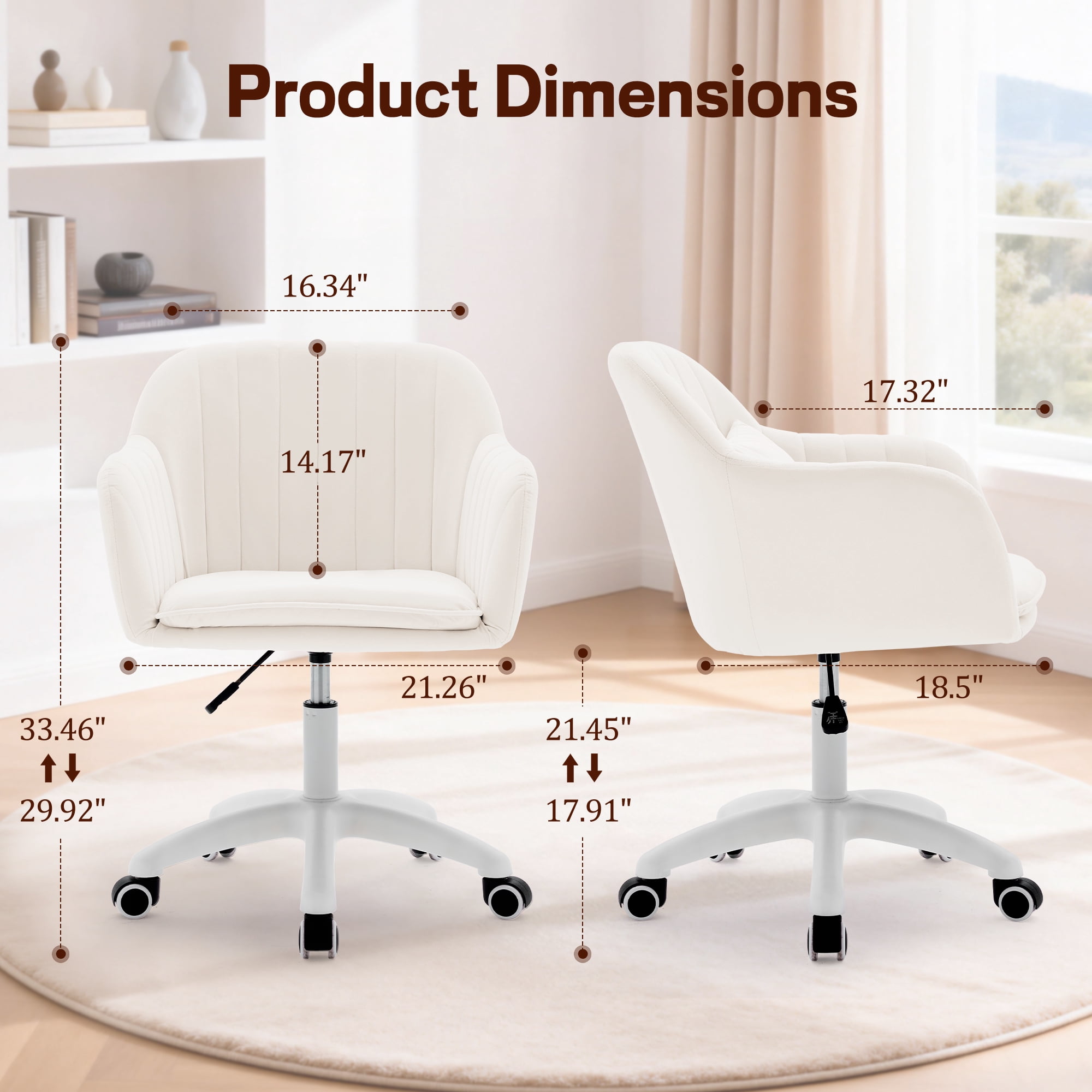 Korser Adjustable High Vanity Chair with Pillow Velvet Swivel Desk Chair with Wheels,Space-Saving Makeup Computer Chair,Home Office Desk Chair,Beige