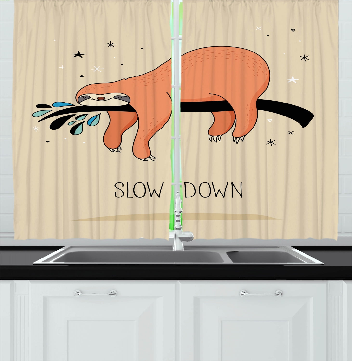 Animal Curtains 2 Panels Set, Sleeping Big Bear and Sloth Hanging on a Bench Cozy Lazy Wild Creature Image Print, Window Drapes for Living Room Bedroom, 55W X 39L Inches, Multicolor, by Ambesonne