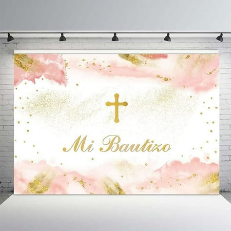 Custom 7x5ft Mi Bautizo Baptism Backdrop Mexican Gold Bless First Holy Communion Christening Banner Purple Watercolor Clouds Photography Background Party Decoration Photo Booth Props