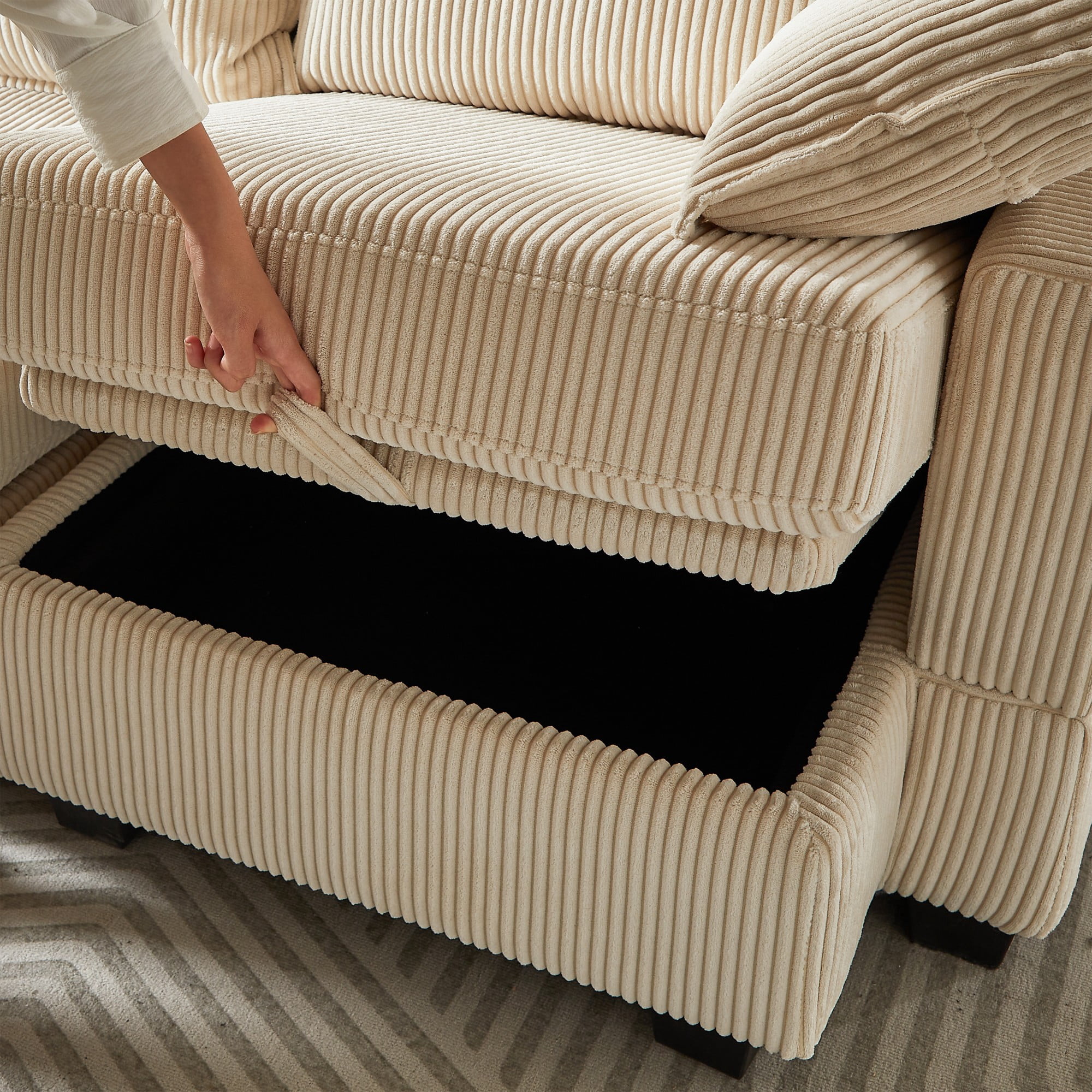 113.5'' Modular Sectiona Corduroy Sofa,Convertible U Shaped Sectional Couch with Storage Ottoman for Living Room,Beige
