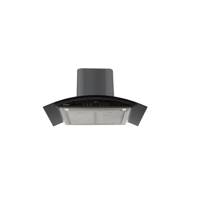 campana axcent de 90 cm con panel de control touch screen campana de cristal curvo negra, vista frontal desde abajo que muestra el panel touch en el borde superior, dos focos LED encendidos, filtros metálicos visibles y chimenea gris oscuro; adecuada para extracción de humo y retención de grasas en cocinas, y a menudo usada como extractor adicional en islas pequeñas.