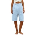 thumbnail image 5 of Lumtrix Cotton Linen Womens Bermuda Shorts Dressy Wide Leg Summer Shorts Buttons Pleated High Waisted Baggy Knee Length Short Pants Light Blue L, 5 of 5