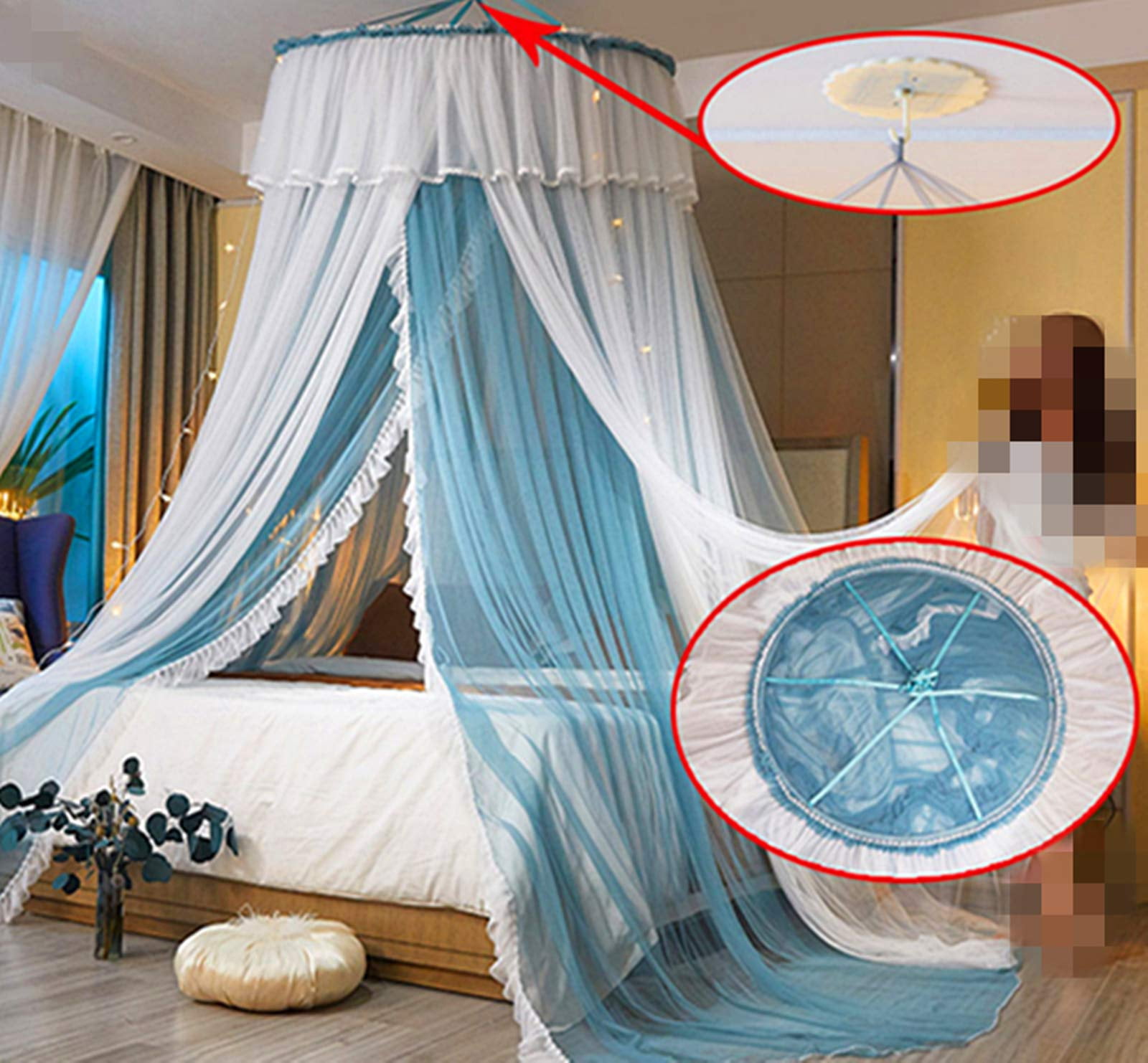 Princess Bed For Curtain- Double Layer Sheer Mesh Dome Round Lace Mosquito Net Tent(blue/white)