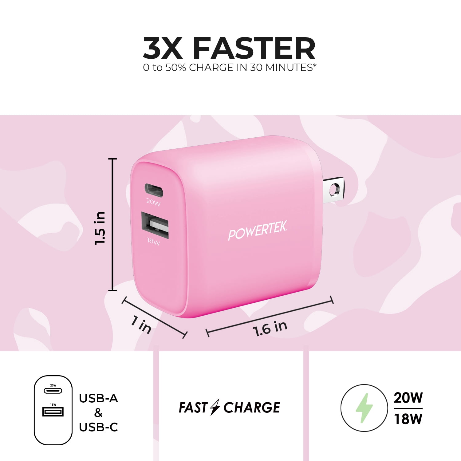 Liquipel Powertek Pastel Camo Dual USB-A / USB-C Wall Charger - Pink