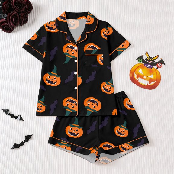Hpapadks Girls Pajama Set Kids Halloween Print Short Sleeve Shorts Sleepwear Set Comfort Boys Pjs Black 3-4 Years