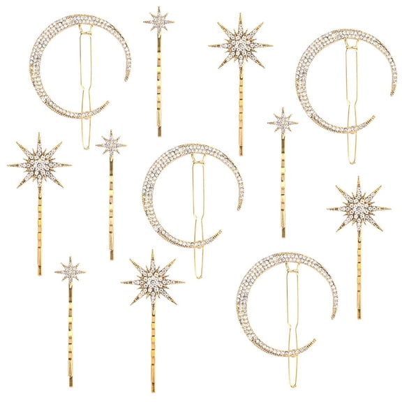 12 Pack Vintage Star Moon Hair Clips, Glittering Rhinestone & Alloy Hairpins, Elegant Celestial Hair Accessories for Women, Daily & Party Wear