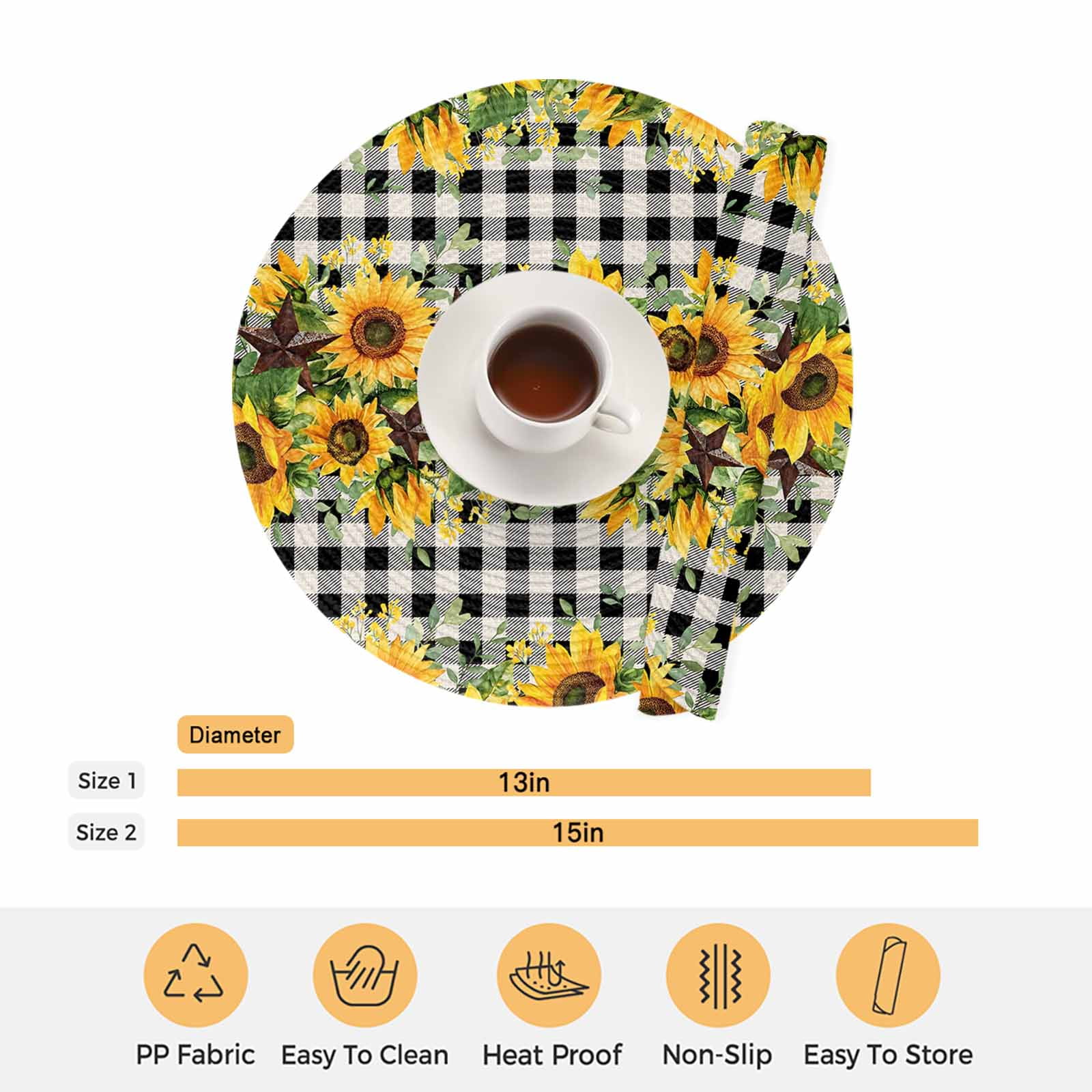 Round Woven Placemats set of 6, Sunflower Washable&Heat Resistant Plastic Wipeable Placemats for Round Table Rustic Farmhouse Barn Star Kitchen Dining Table Decor, 15in, Black Buffalo Plaid