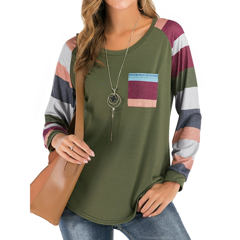 Women Round Neck Long Sleeves Color Block Tunic Shirt 