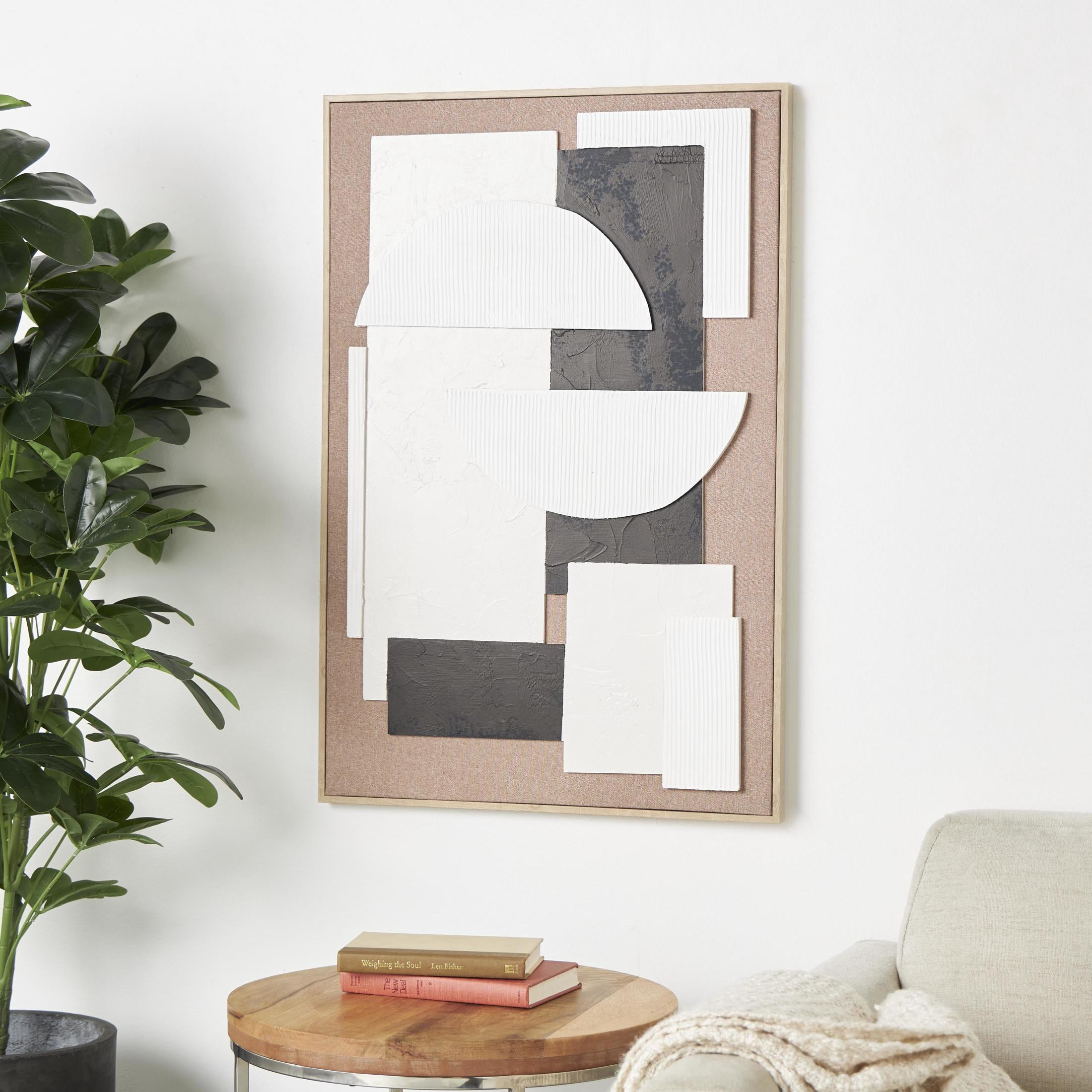 25" x 37" Textured Geometric Framed Wall Art with Abstract Black and White Shapes and Fabric Backing, by DecMode