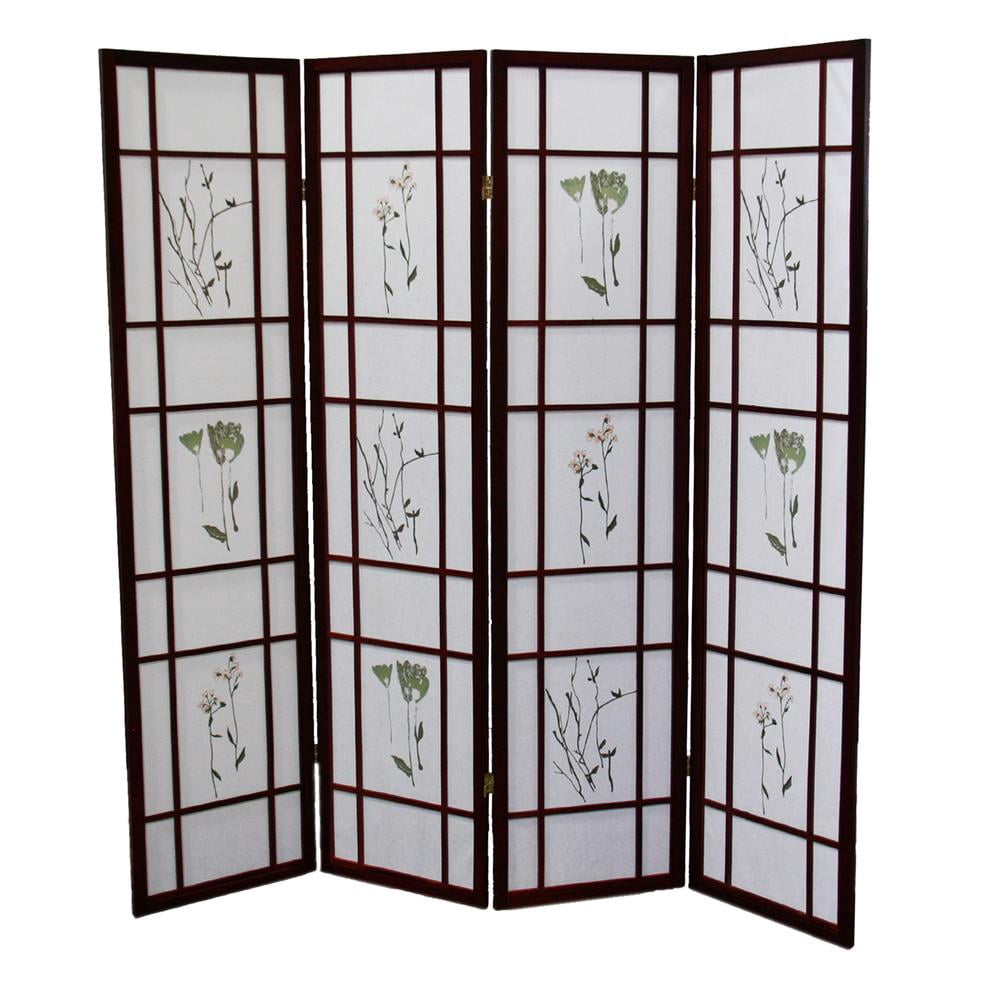 3 Panel Floral Shoji Screen, Rosewood Frame Room Divider