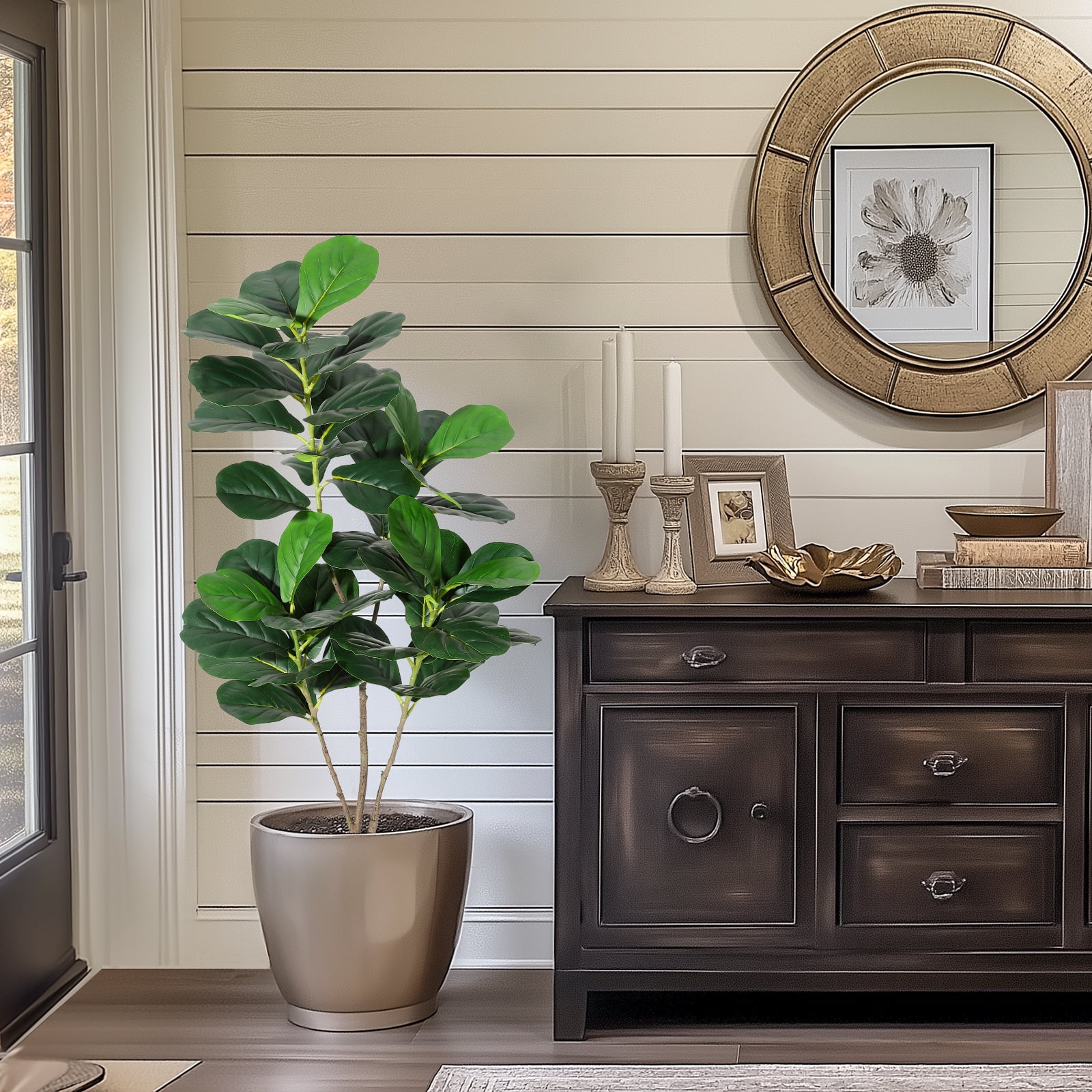 Fiddle Leaf Fig Tree Artificial Plant 4FT Tall Faux Plants Indoor Fake Ficus Lyrata Plant in Pot Artificial Fig Trees for Home Office Store Room Decor Indoor Outdoor Housewarming Gift