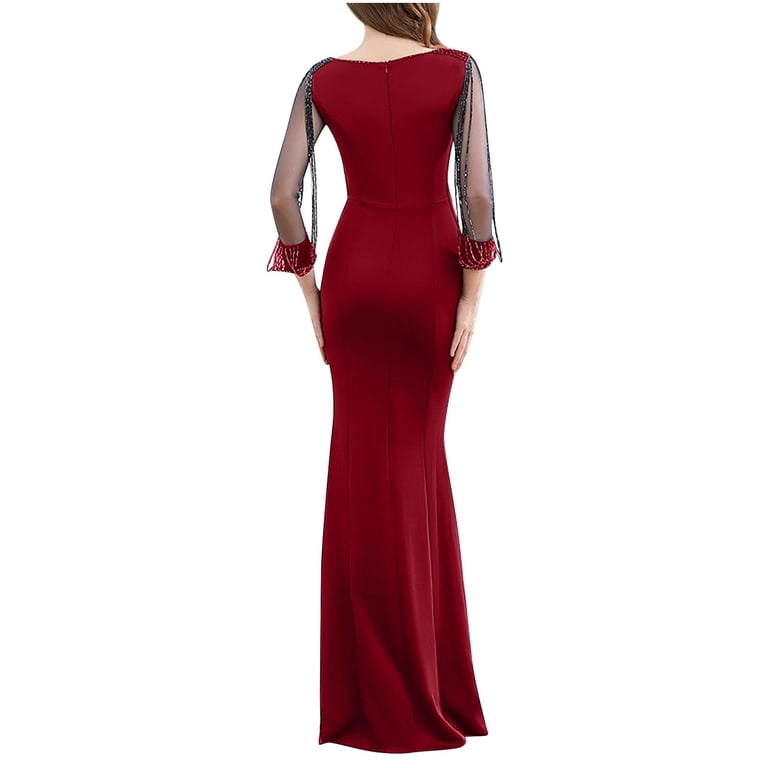Mrat Plus Size Bridesmaid Dresses Long Sleeve Prom Dress for Women Beads Mesh Sleeve Maxi Dress Bodycon Fall Mermaid Party Wedding Long Dresses S-12