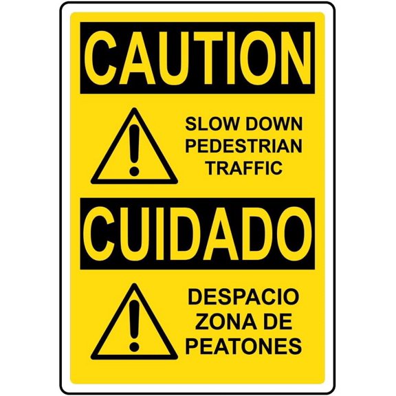 English Spanish CAUTION Slow Down Pedestrian Traffic Sign With Symbol Safety Signs Style Caution Metal Tin Sign – Bold, High-Visibility Design for Safety,8×12 inch