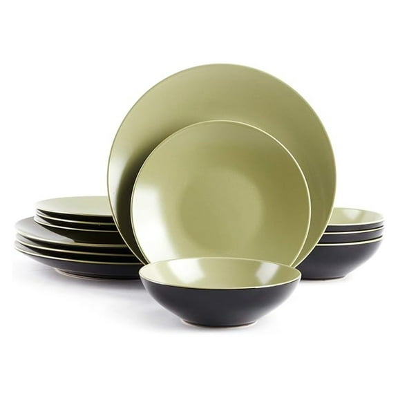 Stoneware Dinnerware Set, 12pc Olive & Black Coupe Dinner Set - Dishwasher & Microwave Safe, Modern Table Setting for 4