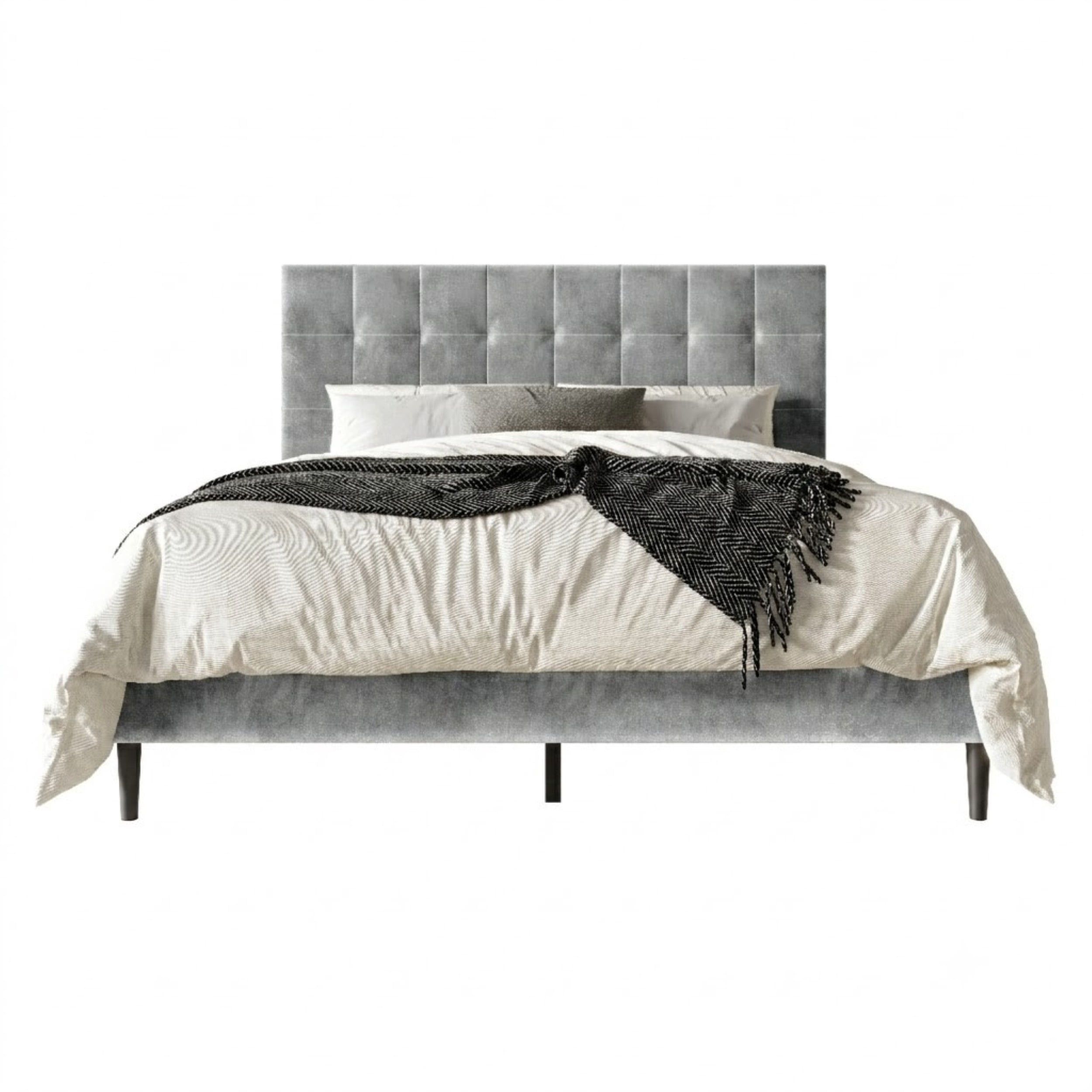 Home Design Marion Full Tufted Upholstered Platform Bed Frame with Tufted Headboard and Plush Padding, Silver Gray, Easy Assembly