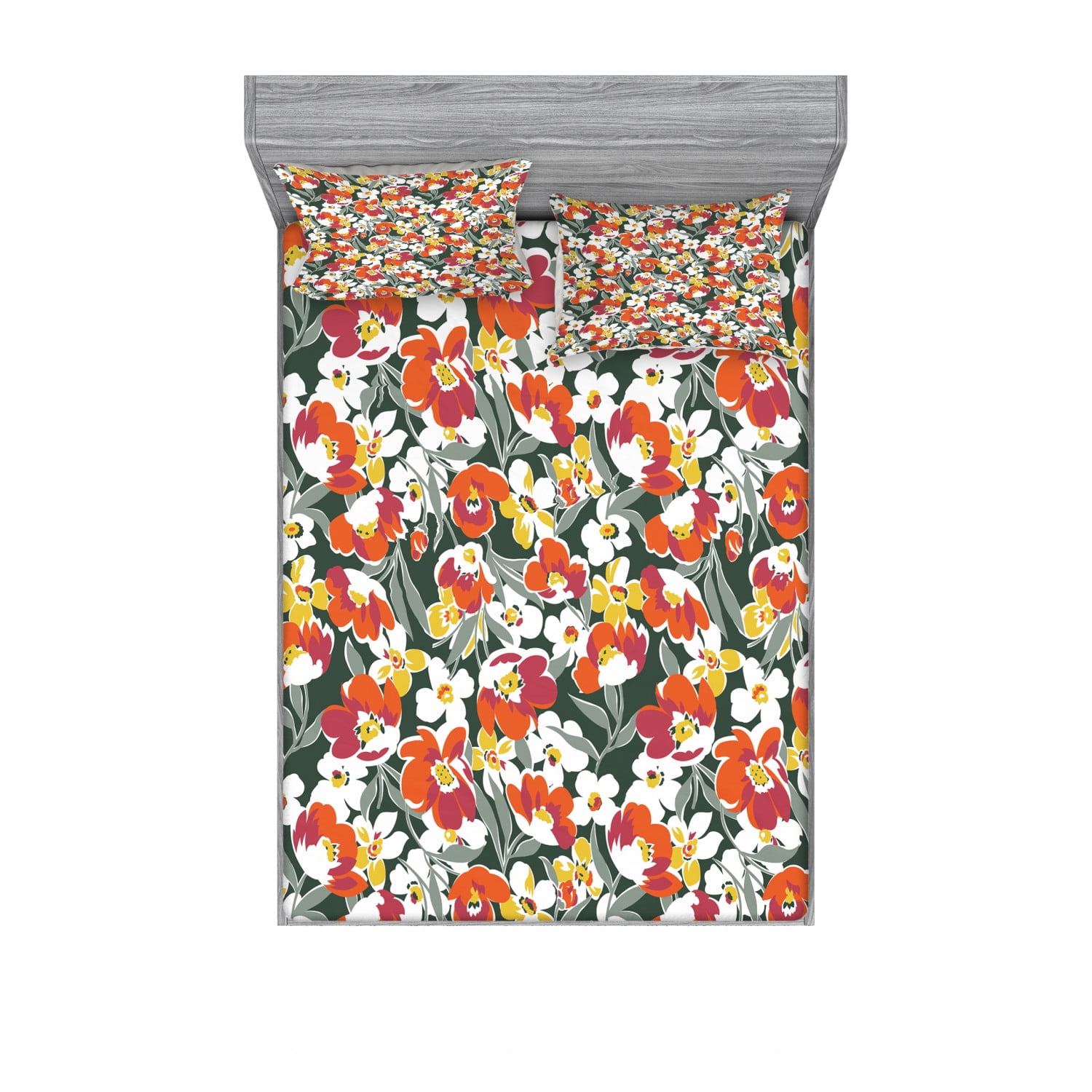 Floral Bedding Set with Sheet & Covers, Vintage Greenery Imagery