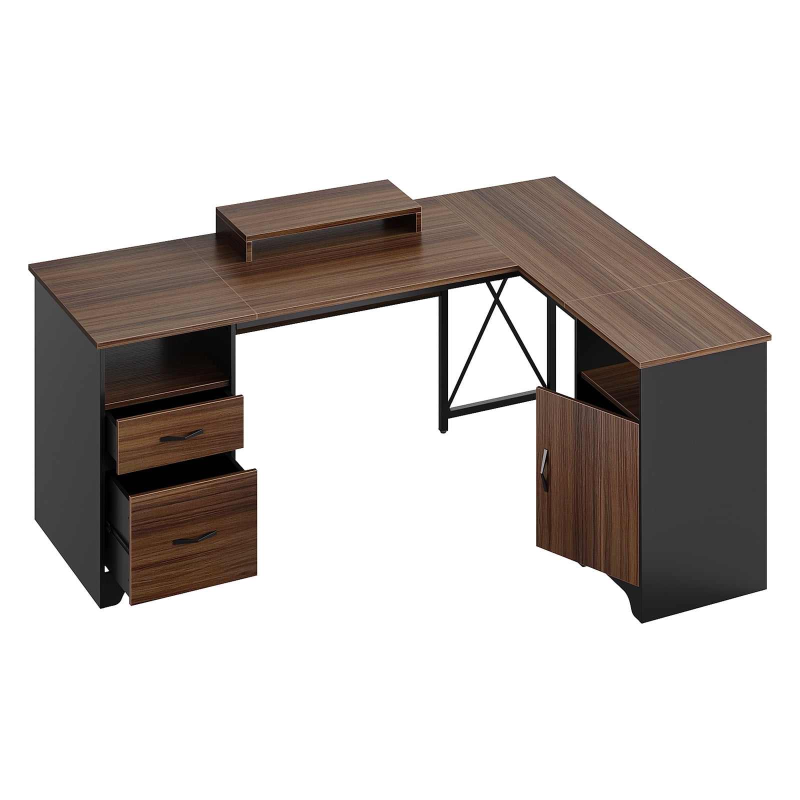 Bestier L Shaped Desk with Drawers 63" Executive Office Computer Desk with Monitor Stand, File Drawers for Home Office, Cherry