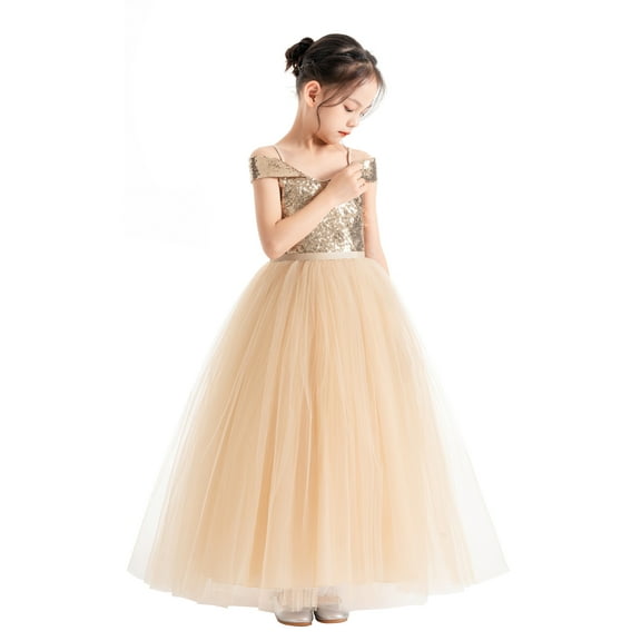 Ekidsbridal Girl Princess Flower Girl Dress - Off Shoulder Sequins with Tulle 322-A (Size: 4-12)