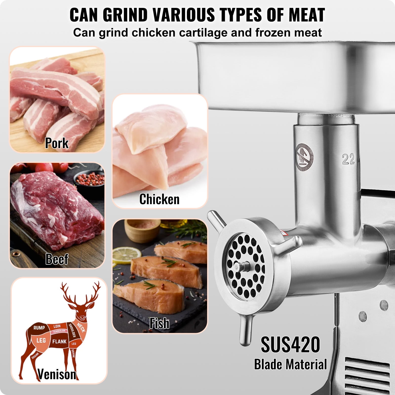 VEVOR Meat Grinder, 13 Lbs/Min Capacity Electric Meat Grinders with Blade, Grinding Plate, Sausage Maker, Stainless Steel Commercial Meat Mincer for Kitchen Restaurant Butcher Store