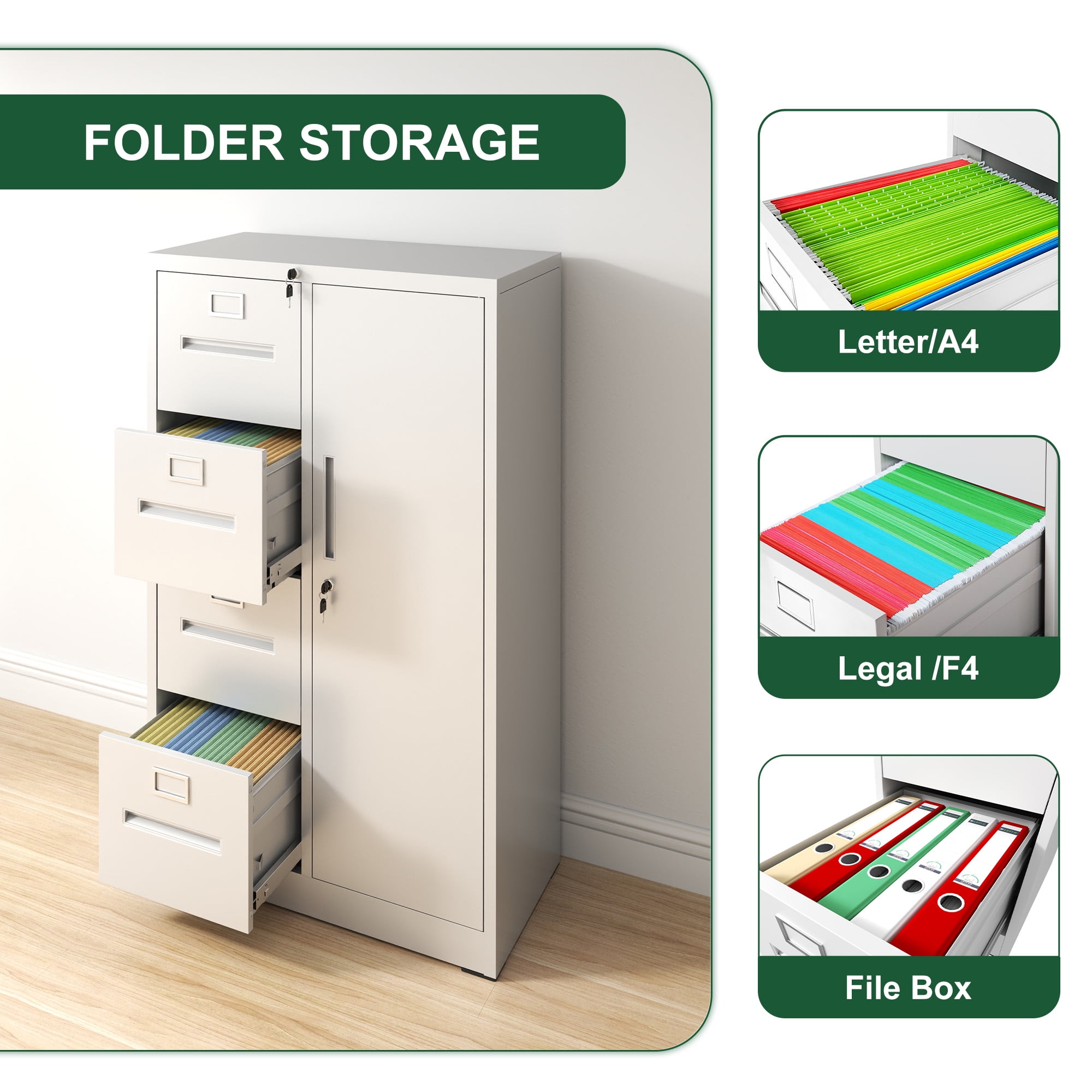 LiviNest 4 Drawer Locking File Cabinet: Secure Storage with Wardrobe for Home Office & Bedroom - White Steel Vertical Cabinet for Letter/Legal/A4 Files & Personal Items