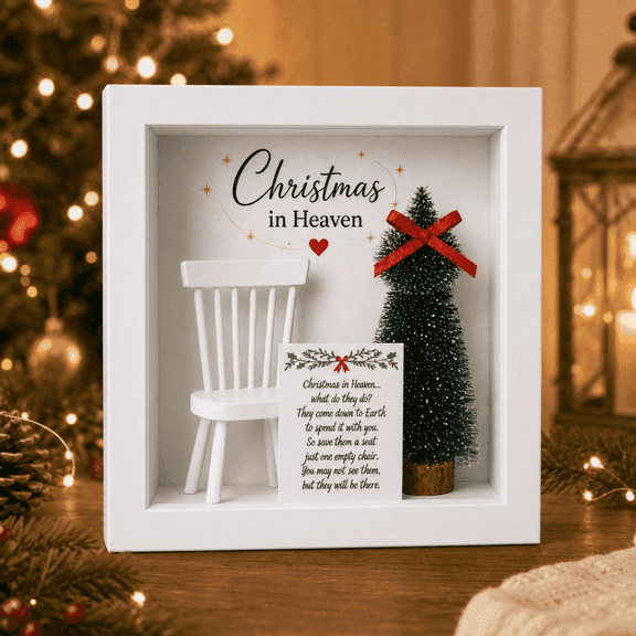 Christmas in Heaven Memorial Shadow Box | Holiday Keepsake (White with White Chair)