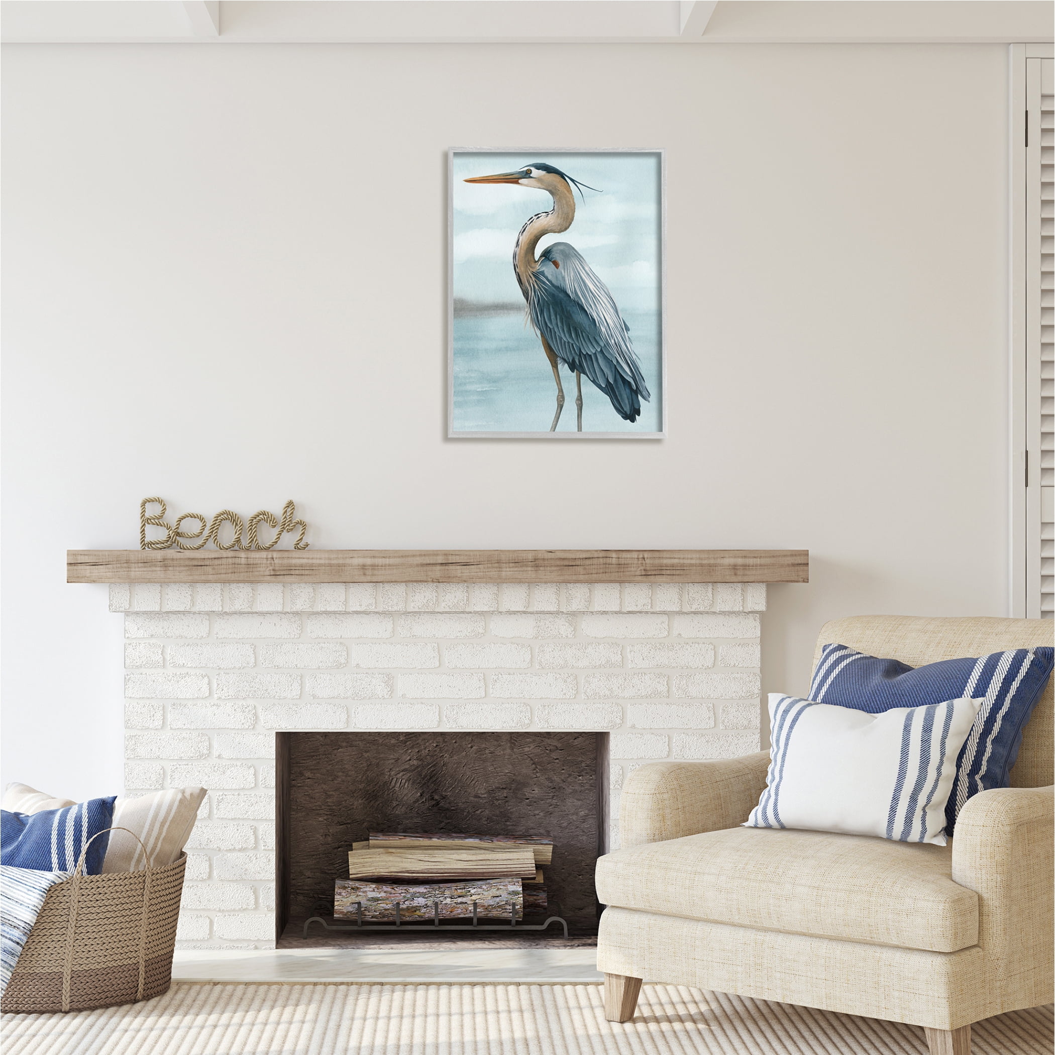 Stupell Industries Heron Bird on Beach Animals & Insects Painting Gray Framed Art Print Wall Art, 24 x 30