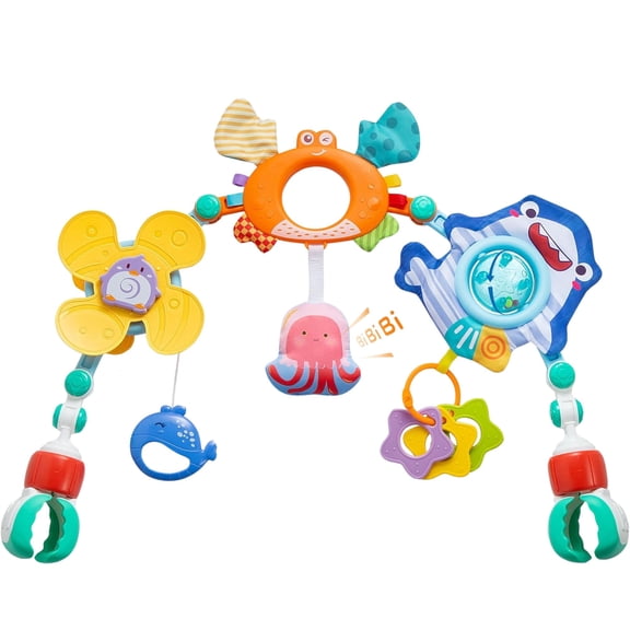 Baby Stroller Arch Toy, Car Seat Toys, Adjustable Arch Stroller toy with Hanging Sensory Activity Toys, Baby Bouncer, Bassinet, Stroller, Crib and Car Seats for baby infant Boy Girl 0-18 Months