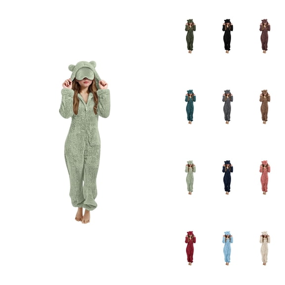 Girls Winter Hooded Jumpsuit Pajamas With Cat Ears And Eye Cozy Sleepwear