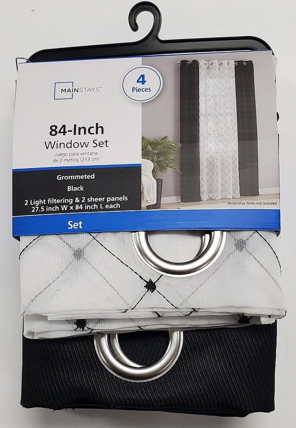 Mainstays 4 Piece Embroidered Curtain Panel Set, Black, 27.5" W x 84" L