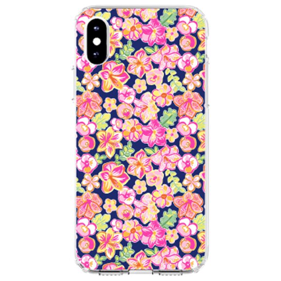 DistinctInk Clear Shockproof Hybrid Case for iPhone XS Max (6.5" Screen) - TPU Bumper, Acrylic Back, Tempered Glass Screen Protector - Preppy Pattern - Pink Green Navy Flowers Floral